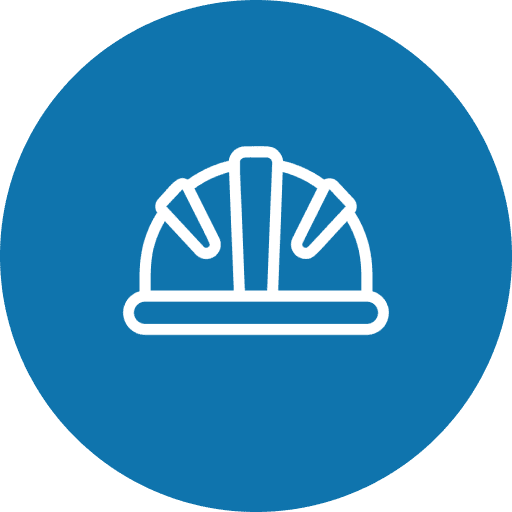 Hard hat icon on blue circle background.