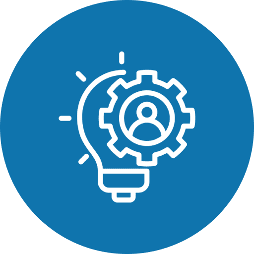 Lightbulb and gear icon on blue background.