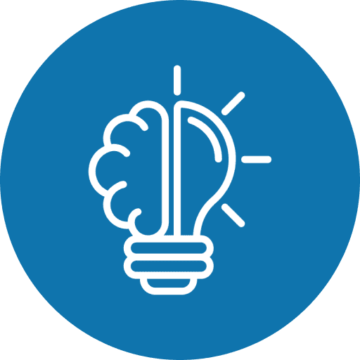 Brain and lightbulb icon on blue background.