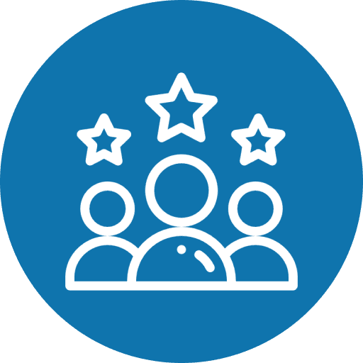 Three people with stars in blue circle.