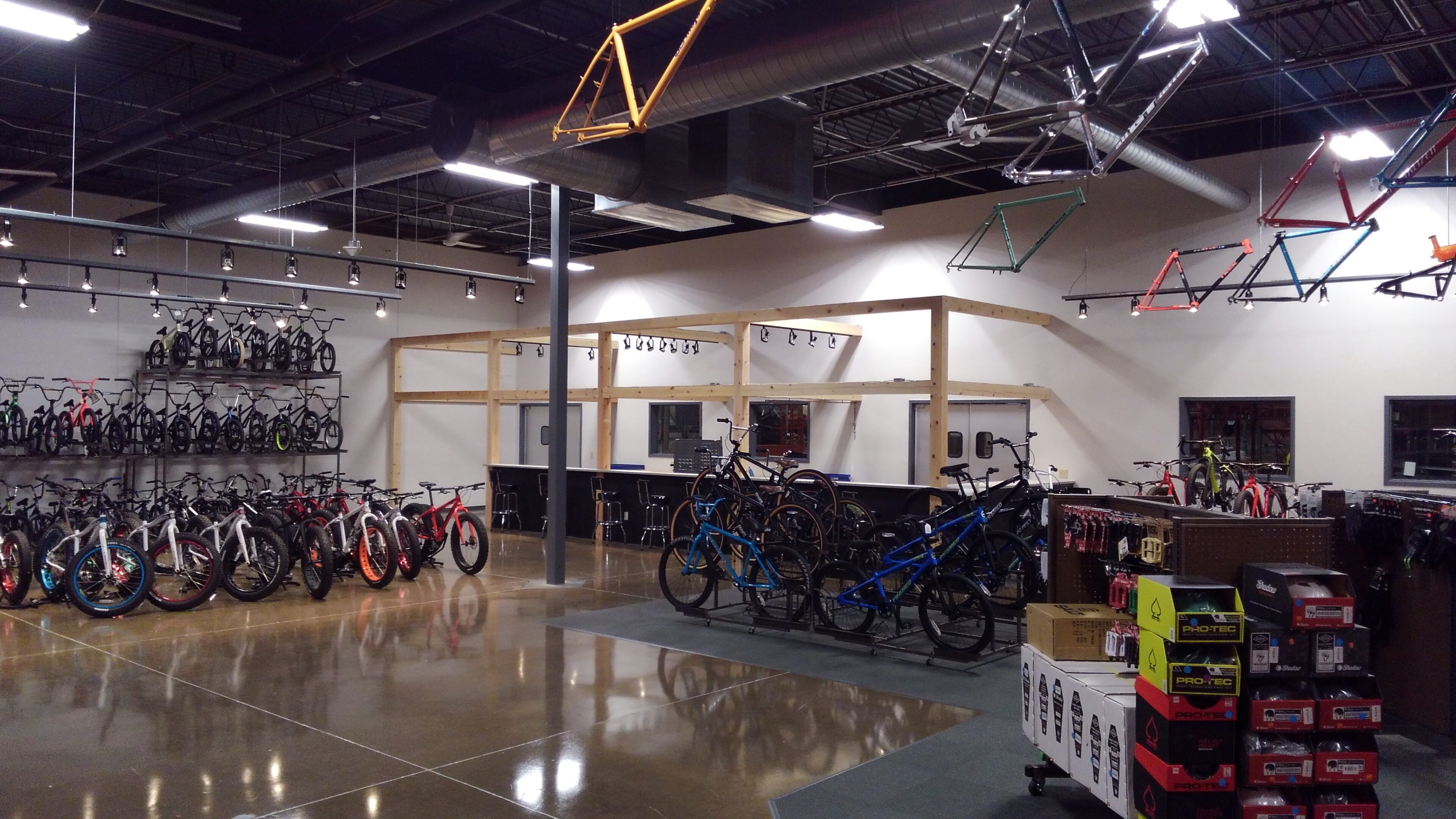 Bike shop interior with rows of bicycles