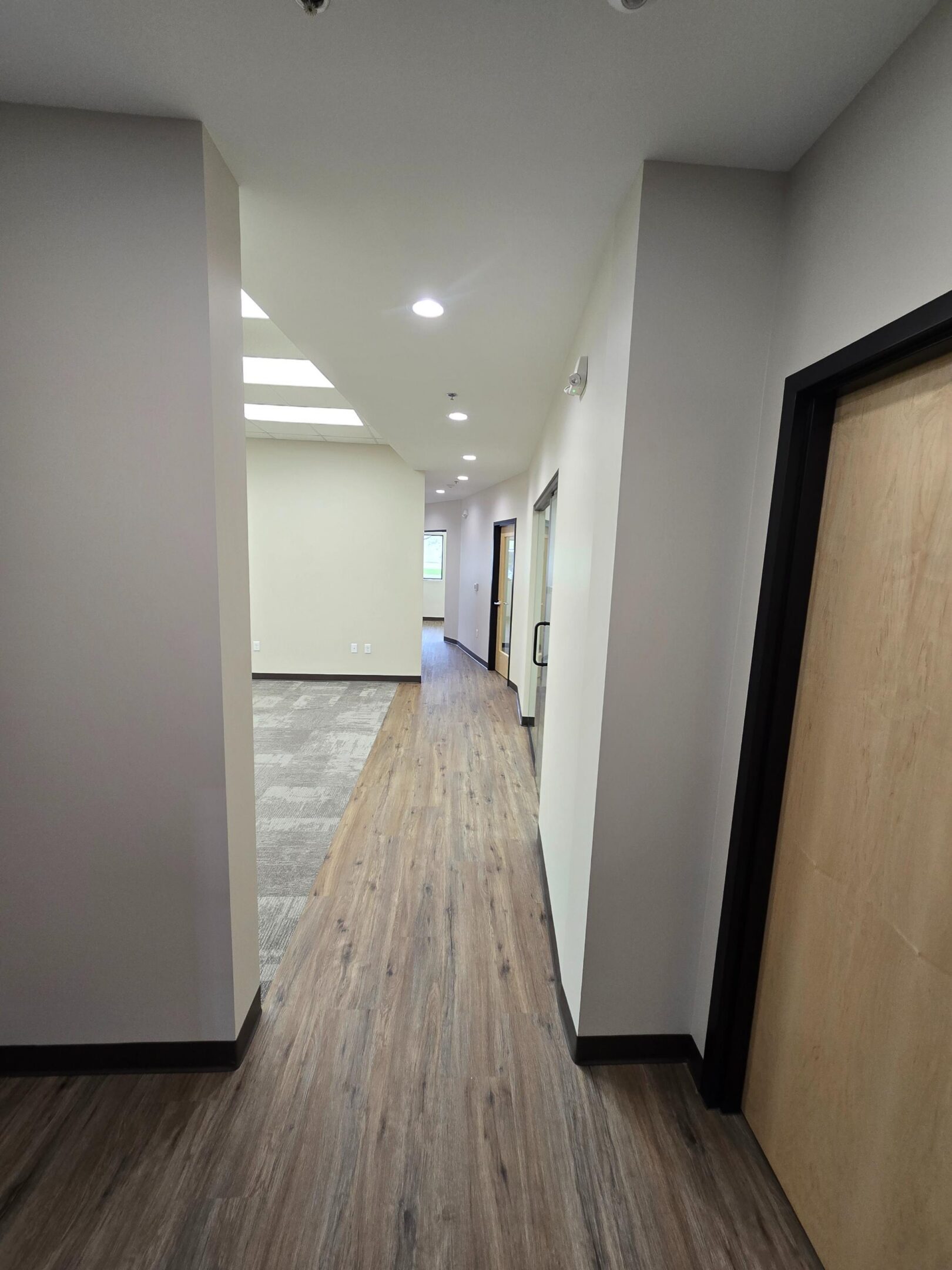 Modern office hallway with wood-look flooring