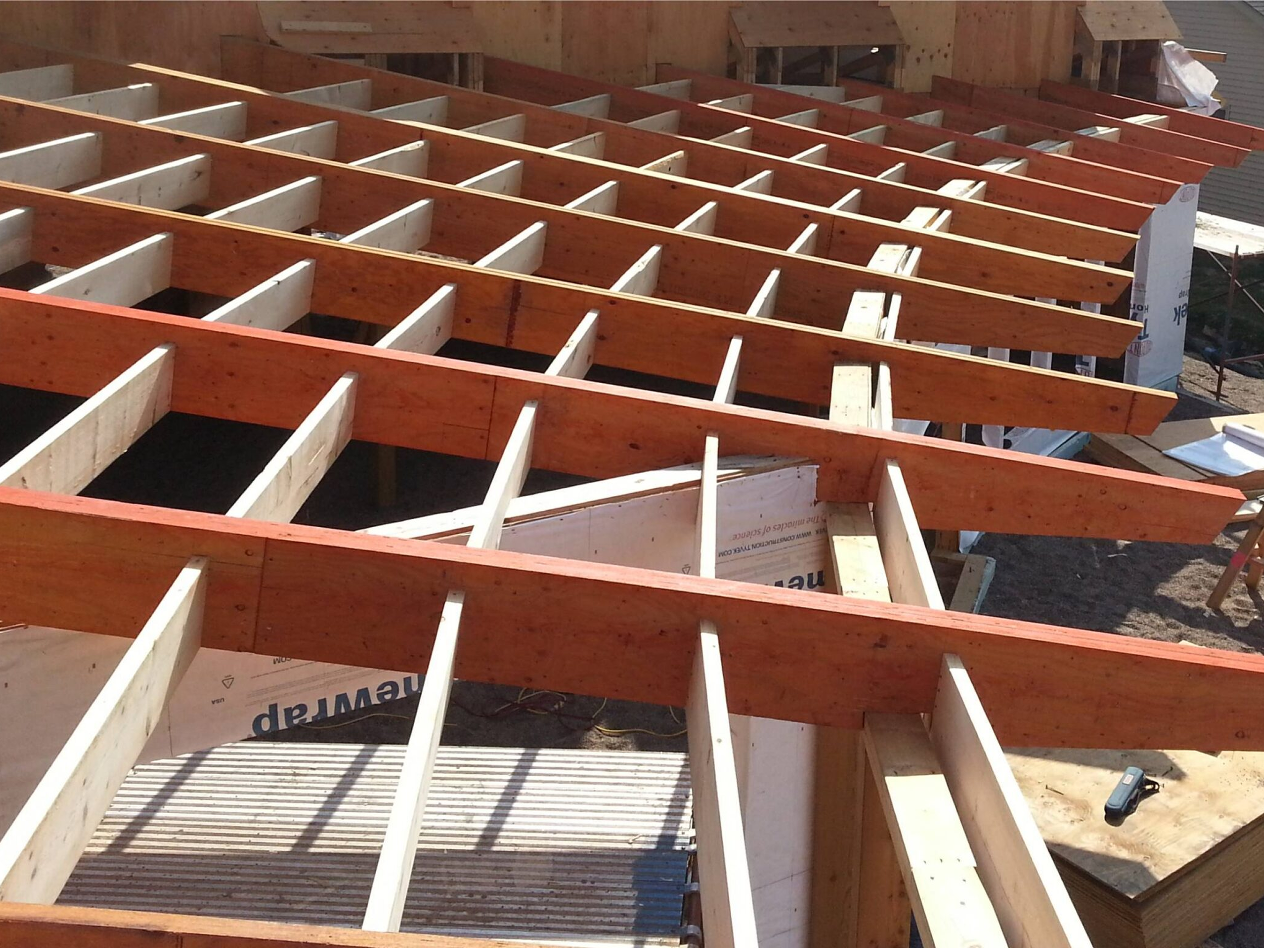 Wooden floor joists framing on construction site